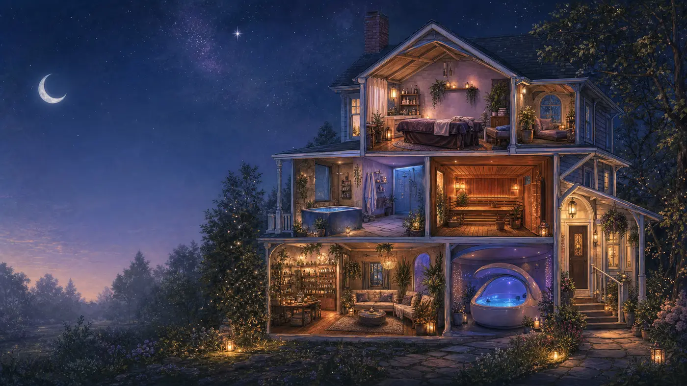 Illustrated cutaway of the Areté house in Carrboro at night, showing the float room, sauna, cold plunge, massage room and retail room